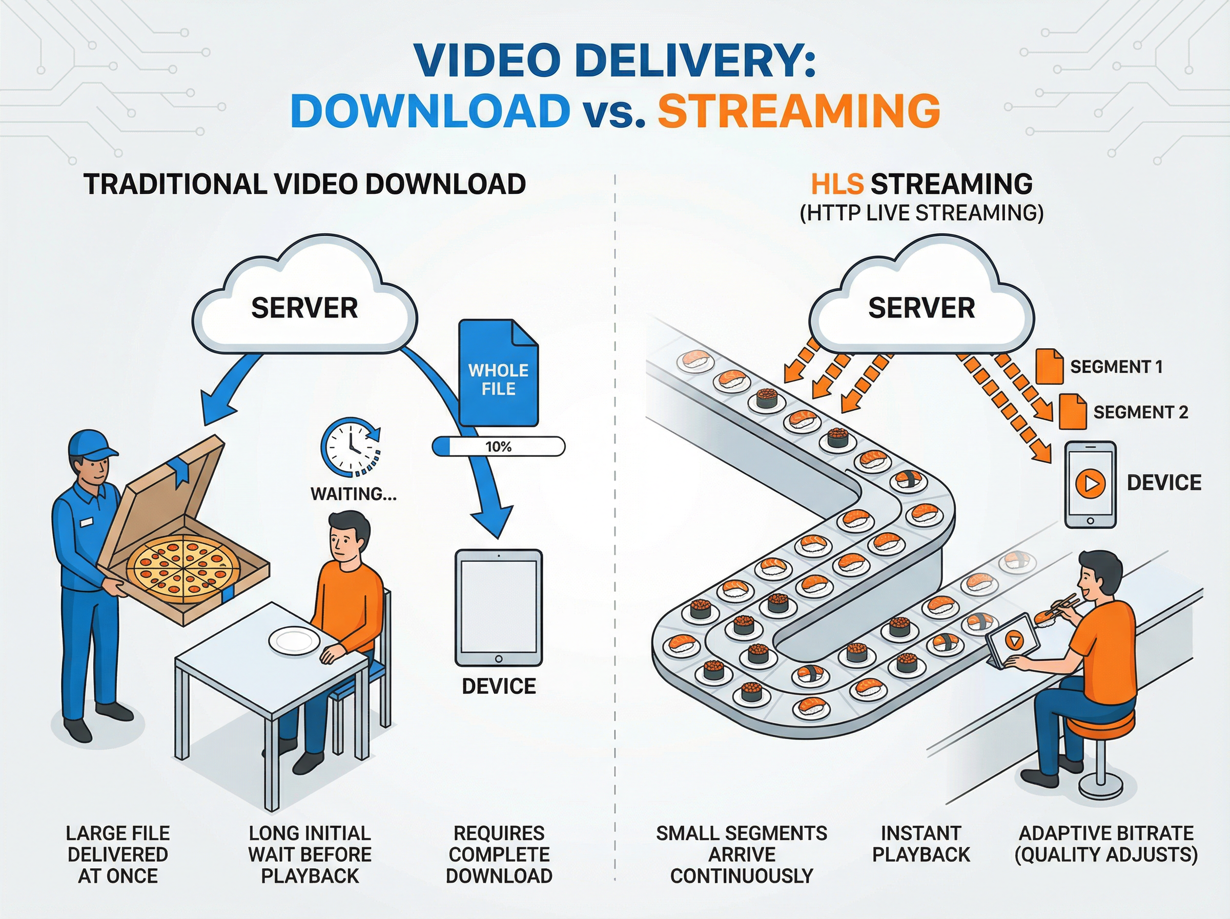 Pizza metaphor: Traditional download vs HLS streaming